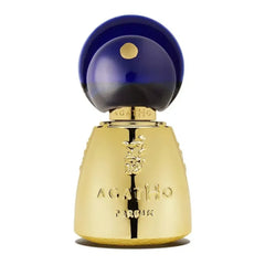 Agatho Vettii Parfum – goldfarbener Flakon mit dunkelblauer Kuppel, Kopfnote Feige und Zitrone
